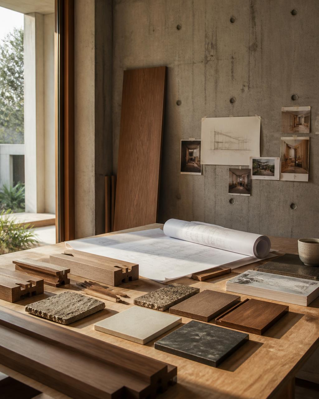 Material study and joinery samples on a workbench in an unfinished Bangalore residence
