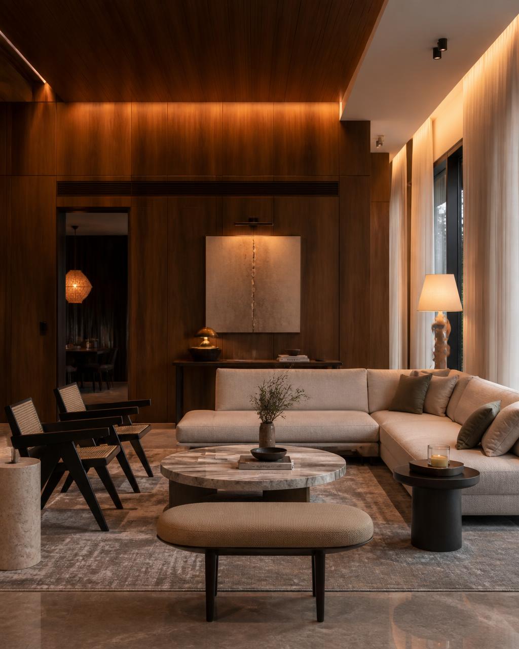 Completed contemporary residential interior with teak panelling and warm lighting
